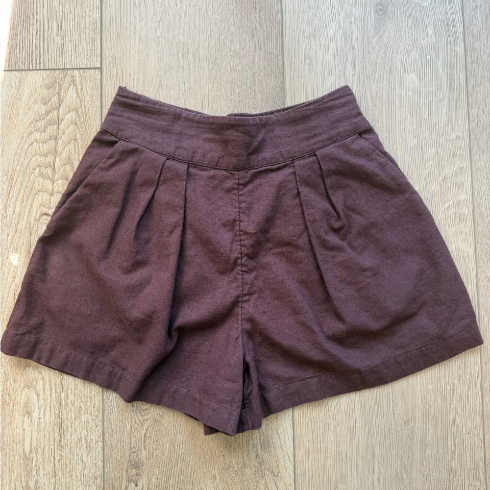 Abercrombie & Fitch High-Waist Pleated Linen Blend Brown Shorts